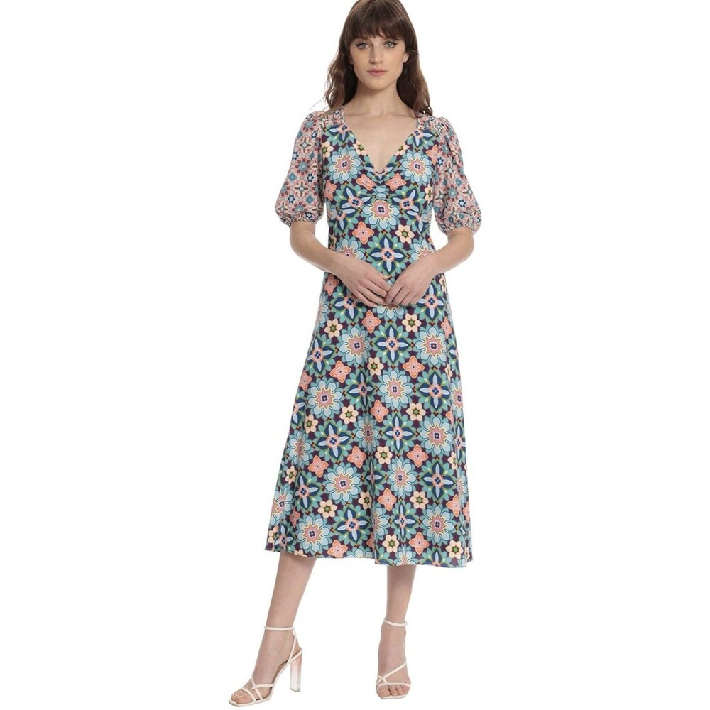 Donna Morgan Floral Midi Puff Sleeve Dress Women's Size 2 Sky Blue V-Neck NWT